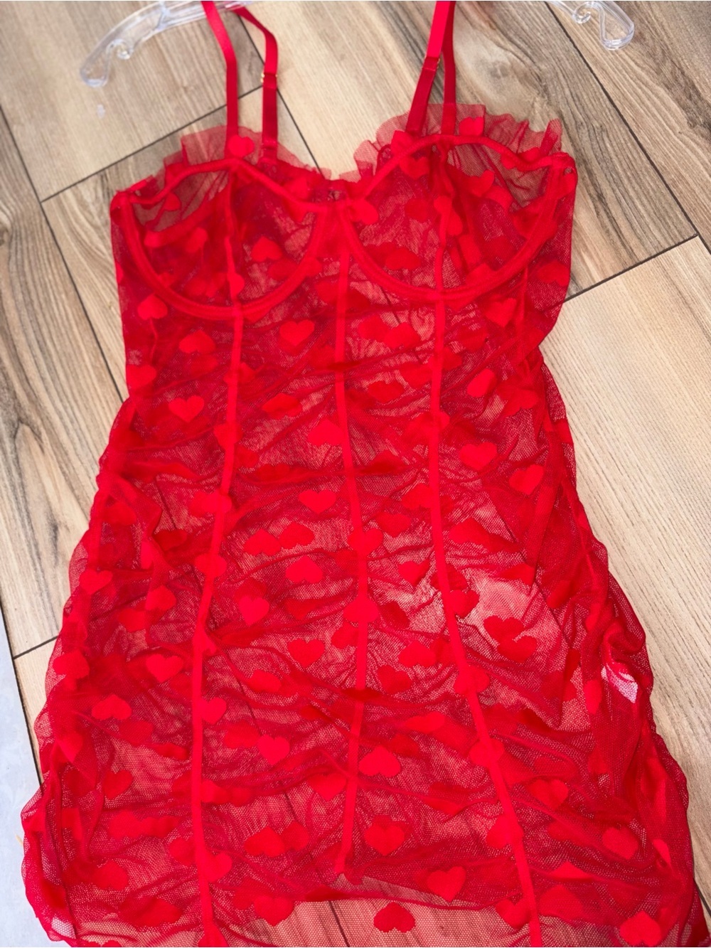 Heart Mesh Frill Trim Underwire Lingerie Mini Dress Red Large - Picture 7 of 9